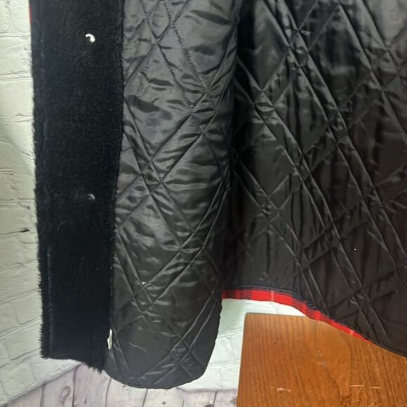 VINTAGE 50s Pendleton Tartan Plaid Faux Fur Collared Wool Car Coat red - Picture 11 of 14